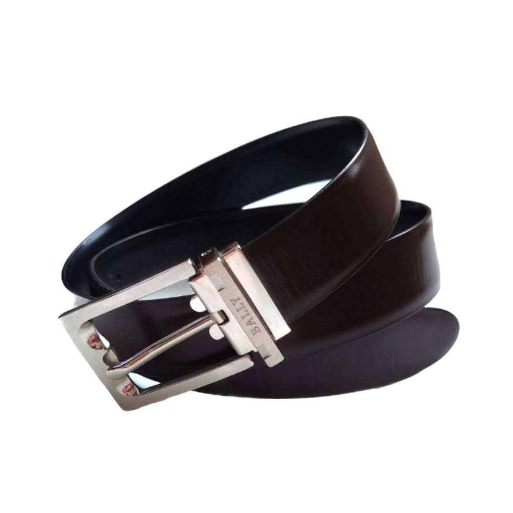 BALLY Reversible Dark Brown Black Leather Belt Chrome Buckle Unisex